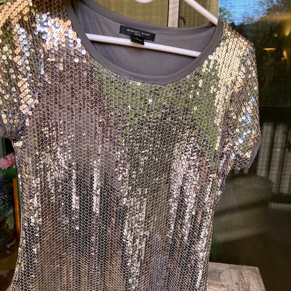August Silk Knits Silver Sequin Scoop Neck Short Sleeve Top Woman's L - Picture 2 of 14